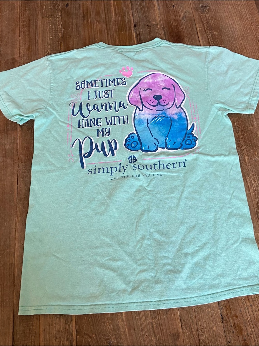 Simply Southern Mint Tee with Watercolor Pup Graphic Summer Beach Shirt Small